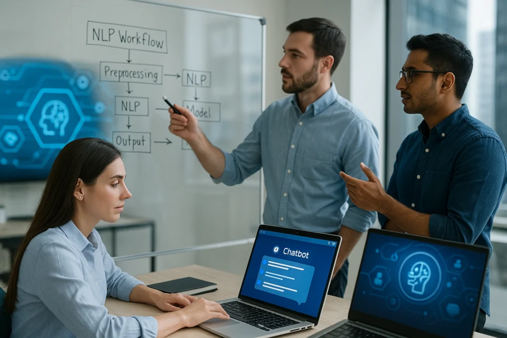 Team of analysts reviewing predictive analytics and customer behavior dashboards on multiple screens in a high-tech operations room.