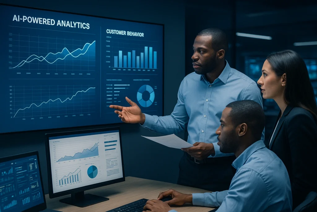 Engineer training machine learning models with Python code on one monitor and real-time prediction graphs on another in a modern tech lab.